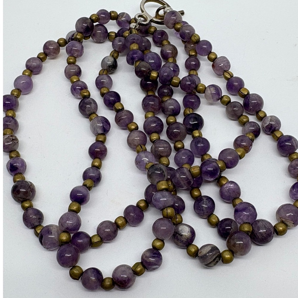 Vintage Amethyst Beaded Necklace Double Strand Toggle Clasp Brass Tones Boho 18"
